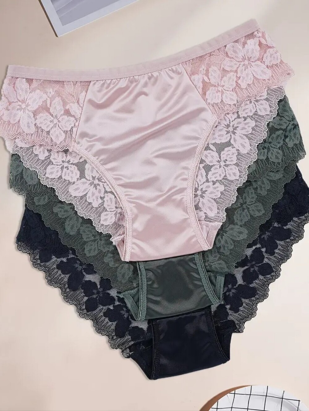 Women’s Lace-Trim Satin Briefs - Pink, Green, Black